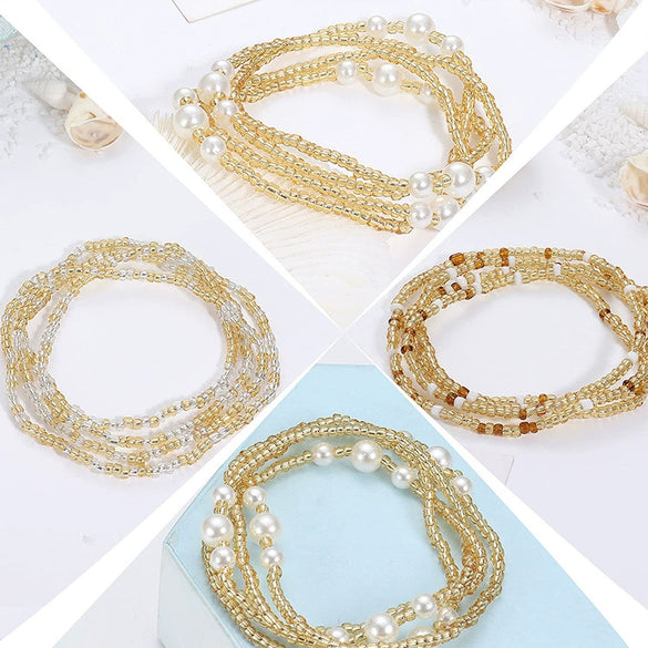Women's Summer Stretch Beaded Body Chain Plastic Rice Bead Anklet Bracelet Waist Chain Multi Layer Fashion Accessory