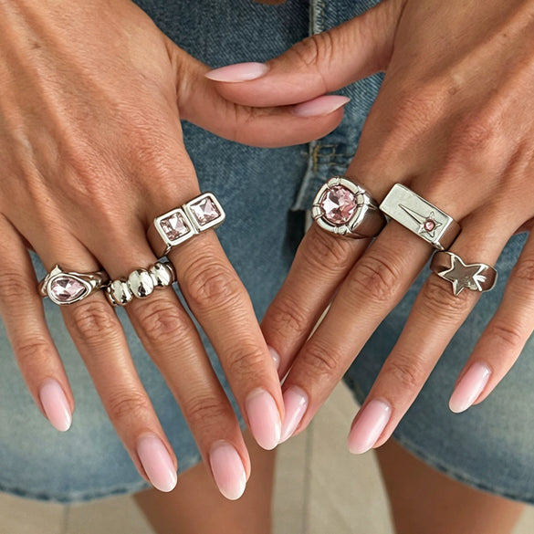 Women's Sweet And Cool Alloy Star Geometric Ring With Pink Gemstone Accents Wide Stackable Plated Fashion Jewelry