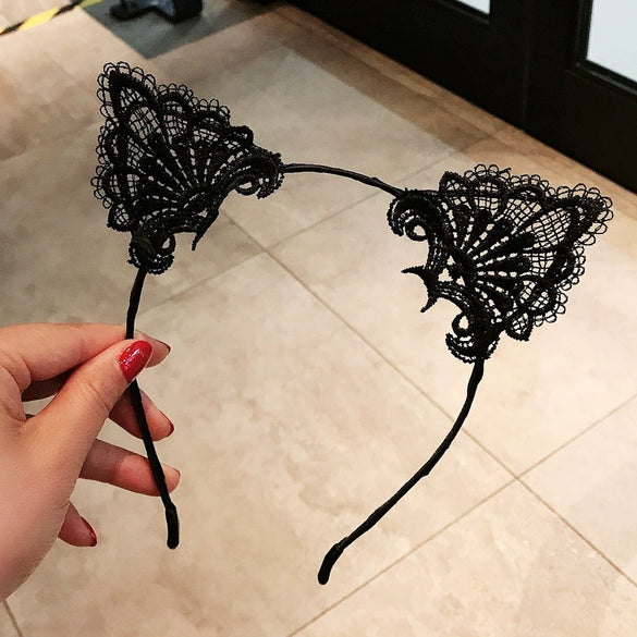 Women's Sweet Black Lace Cat Ear Handmade Cloth Headband