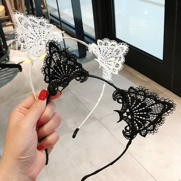 Women's Sweet Black Lace Cat Ear Handmade Cloth Headband