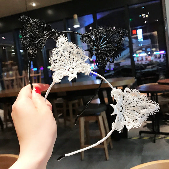 Women's Sweet Black Lace Cat Ear Handmade Cloth Headband
