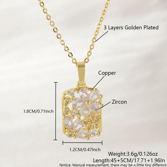 Women's Sweet Copper Flower Geometric Square Pendant Necklace With O Word Chain And Electroplating