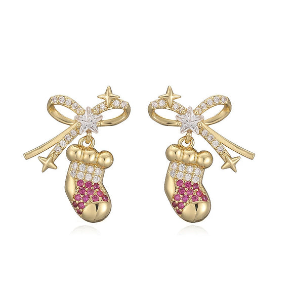 Women's Sweet Copper Zircon Inlay Christmas Earrings With Tree Snowman Gift Stocking And Snow Hat Designs
