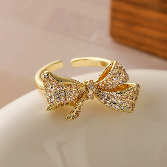 Women's Sweet Geometric Copper 18K Gold Plated Zircon Bow Open Micropaved Ring