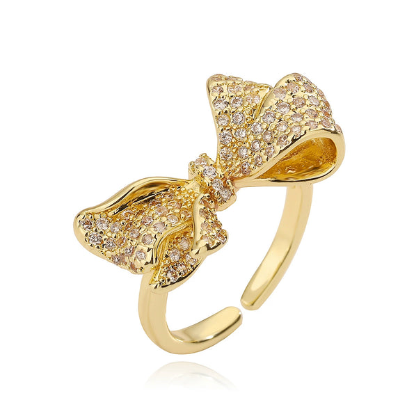 Women's Sweet Geometric Copper 18K Gold Plated Zircon Bow Open Micropaved Ring