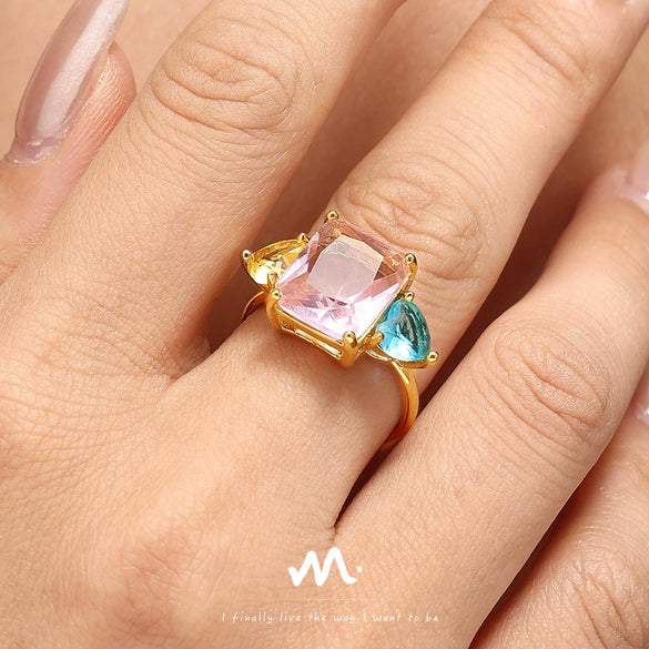 Women's Sweet Geometric Pink Aquamarine Zircon Opening Adjustment 316L Stainless Steel Pvd Plated Ring