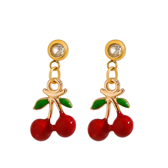 Women's Sweet Geometric Stainless Steel Cherry Earrings With Electroplating