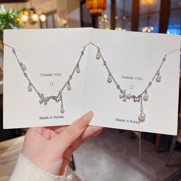 Women's Sweet Geometric Titanium Steel Pearl Set Necklace With Zircon Pendant And Cross Chain