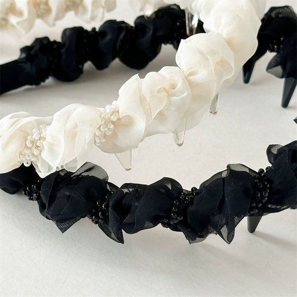 Women's Sweet Handmade Mixed Materials Mesh Pleated Beads Hair Hoop Headband