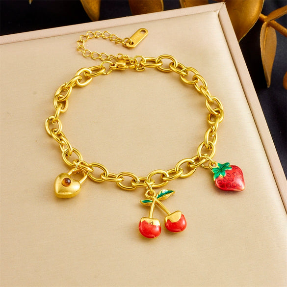 Women's Sweet Mori Cherry Love Lock Pendant Allmatch Highend Stainless Steel Goldplated Fruitshaped Bracelet For Summer