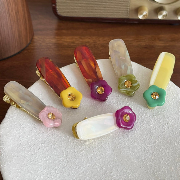 Women's Sweet Rhinestone Flower Acetic Acid Hair Clip Versatile Bangs Clip Set With Diamonds