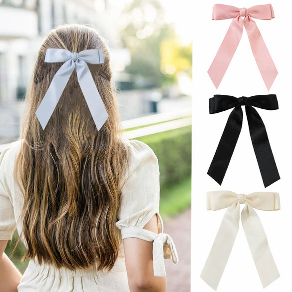 Women's Sweet Ribbon Bow Spring Clip Hairpin Handmade Cloth Hair Accessory