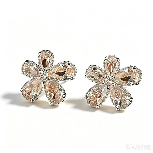 Women's Sweet Style Flower Earrings With Zircon Inlay Metal Floral Studs With Copper Ear Needles