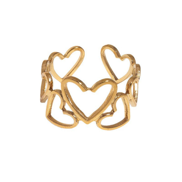 Women's Sweet Style Stainless Steel Open Ring With Heart Shape Hollow Out Design And Electroplated Gold Tone Finish