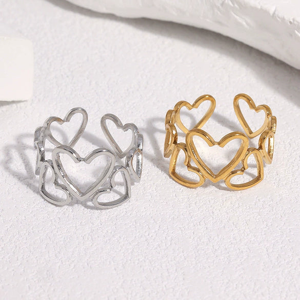 Women's Sweet Style Stainless Steel Open Ring With Heart Shape Hollow Out Design And Electroplated Gold Tone Finish