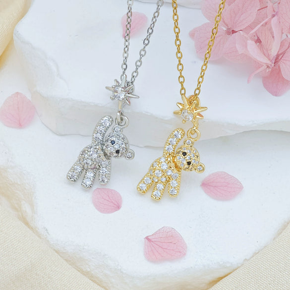 Women's Sweet Style Titanium Steel And Copper Necklace With Cute Bear Pendant Real Gold Plated For Allmatch Fashion