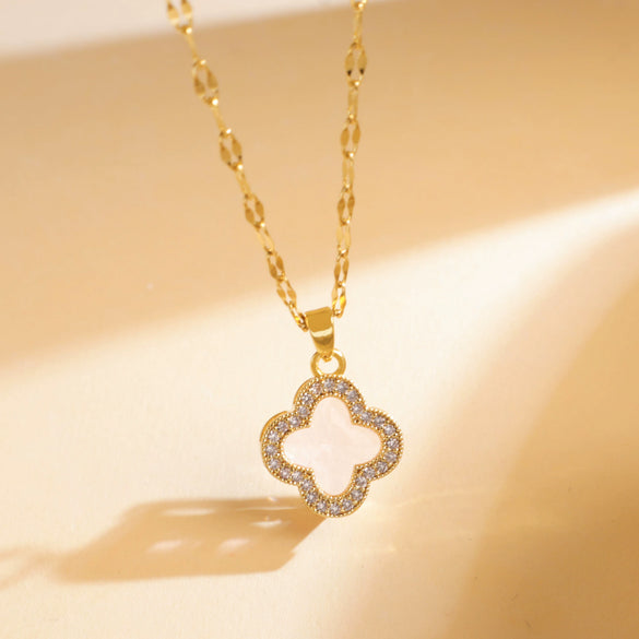 Women's Sweet Style Titanium Steel And Copper Necklace With Fourleaf Clover Pattern And Real Gold Plating Treatment
