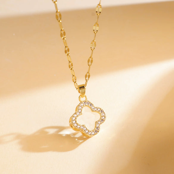 Women's Sweet Style Titanium Steel And Copper Necklace With Fourleaf Clover Pattern And Real Gold Plating Treatment