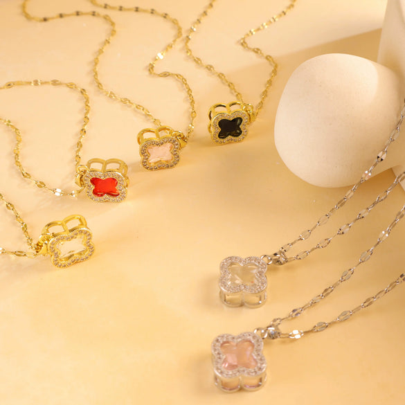 Women's Sweet Style Titanium Steel And Copper Necklace With Fourleaf Clover Pattern And Real Gold Plating Treatment