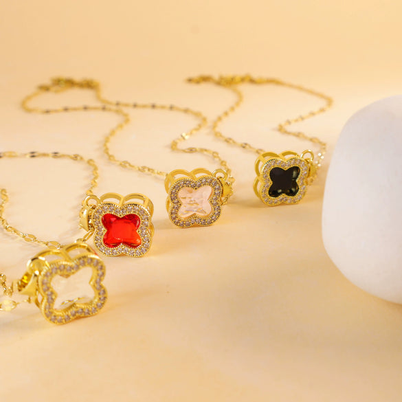 Women's Sweet Style Titanium Steel And Copper Necklace With Fourleaf Clover Pattern And Real Gold Plating Treatment