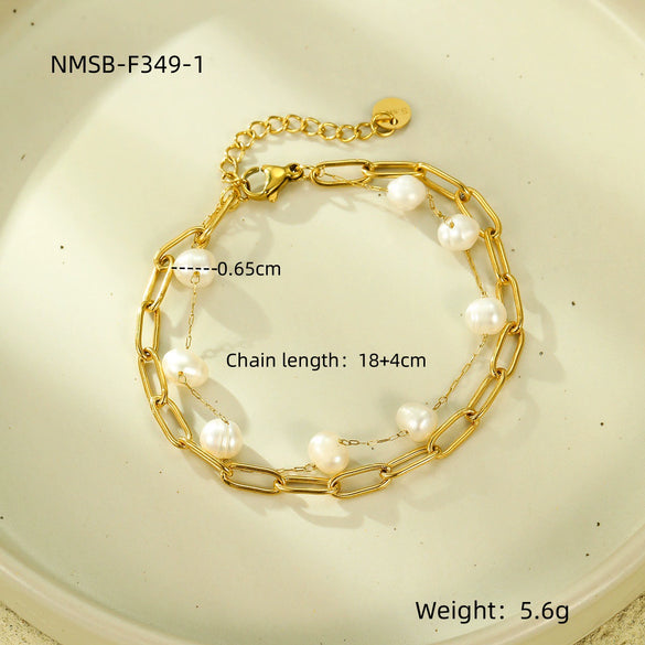 Women's Sweet Style Titanium Steel And Stainless Steel Twolayer Pearl Splicing Electroplated Bracelet Jewelry