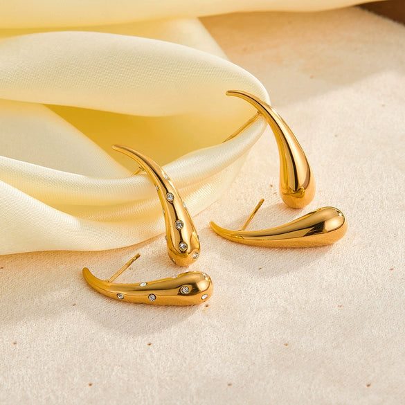 Women's Teardrop Geometric Stainless Steel Earrings With Rhinestone Inlay Retro Electroplated Gold Tone Design