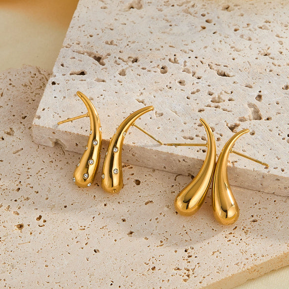Women's Teardrop Geometric Stainless Steel Earrings With Rhinestone Inlay Retro Electroplated Gold Tone Design