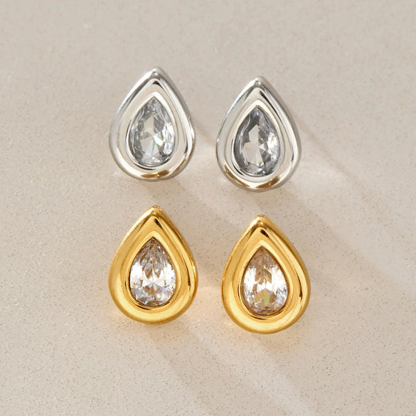 Women's Teardrop Geometric Zircon Earrings In Stainless Steel With Titanium Steel Posts And Pvd Gold Plating