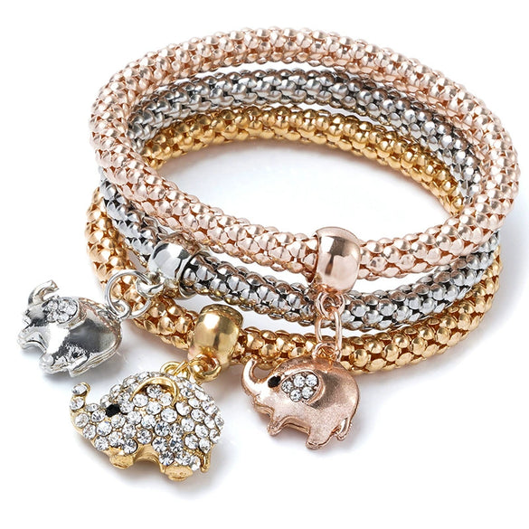 Women's Three Color Alloy Bracelet Set With Rhinestone Heart Pendant Elastic Chain Personality Style Jewelry