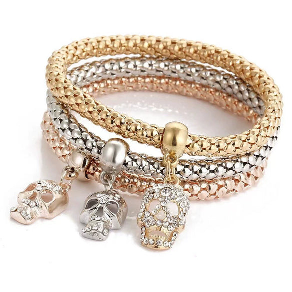 Women's Three Color Alloy Bracelet Set With Rhinestone Heart Pendant Elastic Chain Personality Style Jewelry
