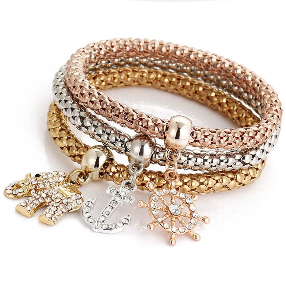 Women's Three Color Alloy Bracelet Set With Rhinestone Heart Pendant Elastic Chain Personality Style Jewelry