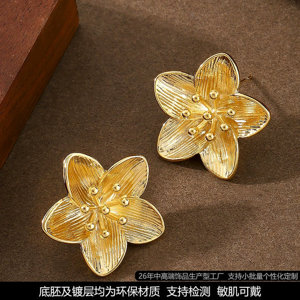 Women's Three Dimensional Metallic Floral Earrings With Eco Friendly Electroplated Finish Elegant Botanical Jewelry For Everyday Wear