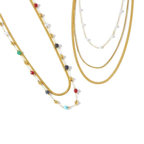 Women's Three Layer Stainless Steel Necklace With Natural Stone Pearls Geometric Design And 18K Vacuum Plated Finish