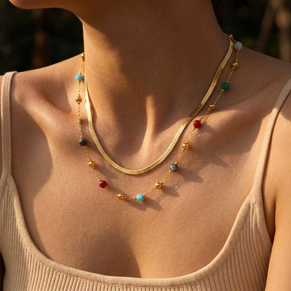 Women's Three Layer Stainless Steel Necklace With Natural Stone Pearls Geometric Design And 18K Vacuum Plated Finish