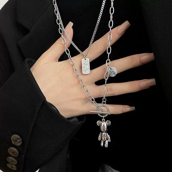 Women's Titanium Steel Alloy Bear Pendant Doublelayer Sweater Chain Hiphop Accessories With Polishing Treatment And Animal Pattern