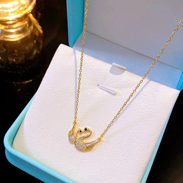 Women's Titanium Steel And Copper Double Swan Necklace With Geometric Pattern And Diamond Treatment