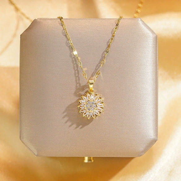 Women's Titanium Steel And Copper Doublelayer Rotatable Sunflower Light Luxury Style Diamond Clavicle Necklace With Geometric Pattern And Cross Chain