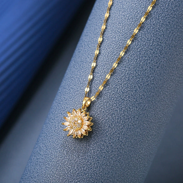 Women's Titanium Steel And Copper Doublelayer Rotatable Sunflower Light Luxury Style Diamond Clavicle Necklace With Geometric Pattern And Cross Chain