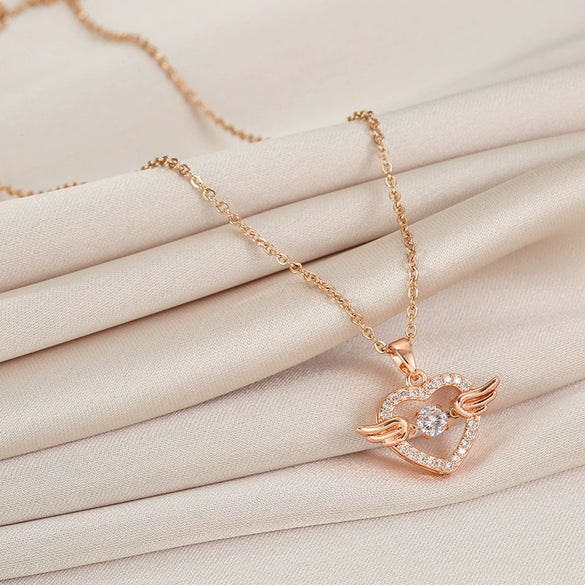 Women's Titanium Steel And Copper Fashionable Simple Smart Love Wings Geometric Pattern Cross Chain Necklace With Diamond Design