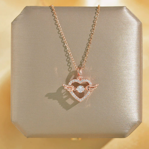 Women's Titanium Steel And Copper Fashionable Simple Smart Love Wings Geometric Pattern Cross Chain Necklace With Diamond Design