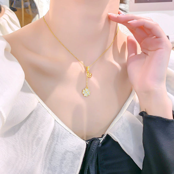 Women's Titanium Steel And Copper Fourleaf Clover Tassel Necklace With Letters Numbers Text Pattern Electroplated
