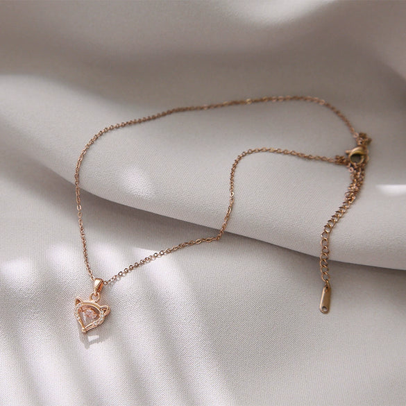 Women's Titanium Steel And Copper Light Luxury Geometric Animals Fox Pendant Cross Chain Necklace