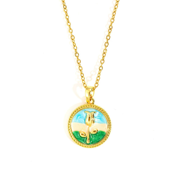 Women's Titanium Steel And Copper Necklace With French Rose Round Pendant And Electroplating Design