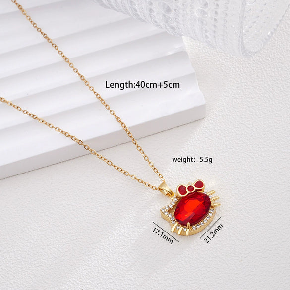 Women's Titanium Steel And Copper Necklace With 18K Gold Plated Ktm Cat Cartoon Pendant And Mixed Gemstone Inlay Electroplated O Chain Style