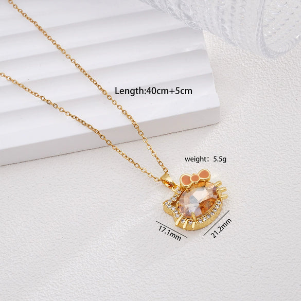 Women's Titanium Steel And Copper Necklace With 18K Gold Plated Ktm Cat Cartoon Pendant And Mixed Gemstone Inlay Electroplated O Chain Style