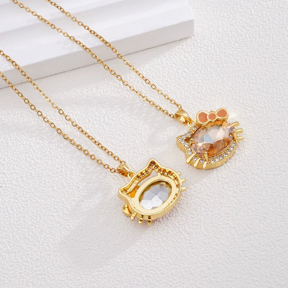 Women's Titanium Steel And Copper Necklace With 18K Gold Plated Ktm Cat Cartoon Pendant And Mixed Gemstone Inlay Electroplated O Chain Style
