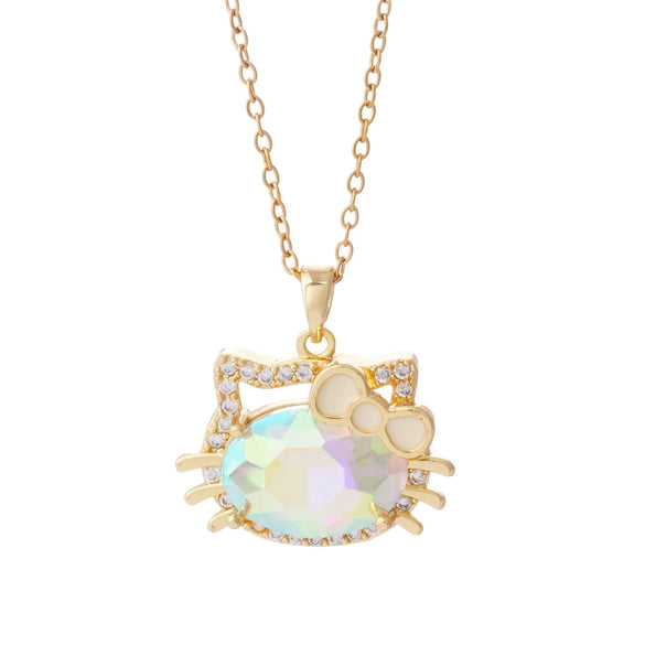 Women's Titanium Steel And Copper Necklace With 18K Gold Plated Ktm Cat Cartoon Pendant And Mixed Gemstone Inlay Electroplated O Chain Style