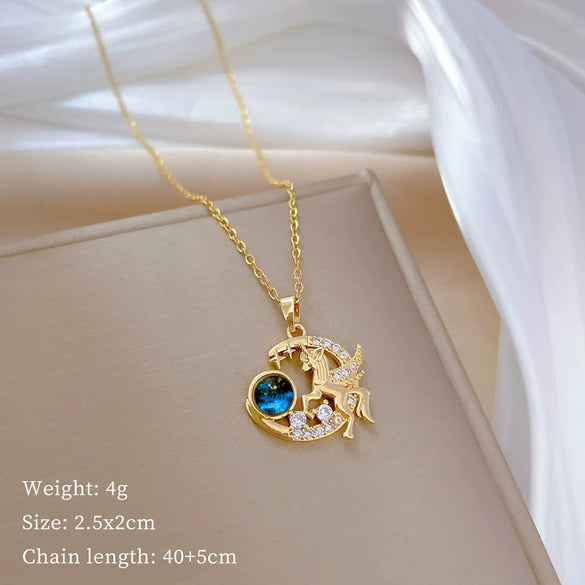 Women's Titanium Steel And Copper Necklace With Planet Starry Sky Geometric Pattern And Diamond Microinlay Design