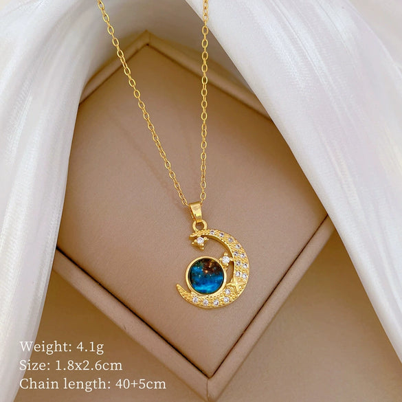 Women's Titanium Steel And Copper Necklace With Planet Starry Sky Geometric Pattern And Diamond Microinlay Design