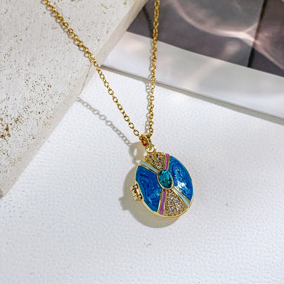 Women's Titanium Steel And Copper Photo Box Necklace With Oval Oil Drop Shape Cross Chain Real Gold Plated Enhanced Color Retention Sweet And Geometric Style